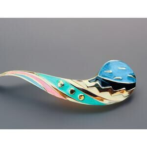 Vtg Fernando Originals Brooch Large Abstract 80s Gold Tone Blue Green Enamel Pin